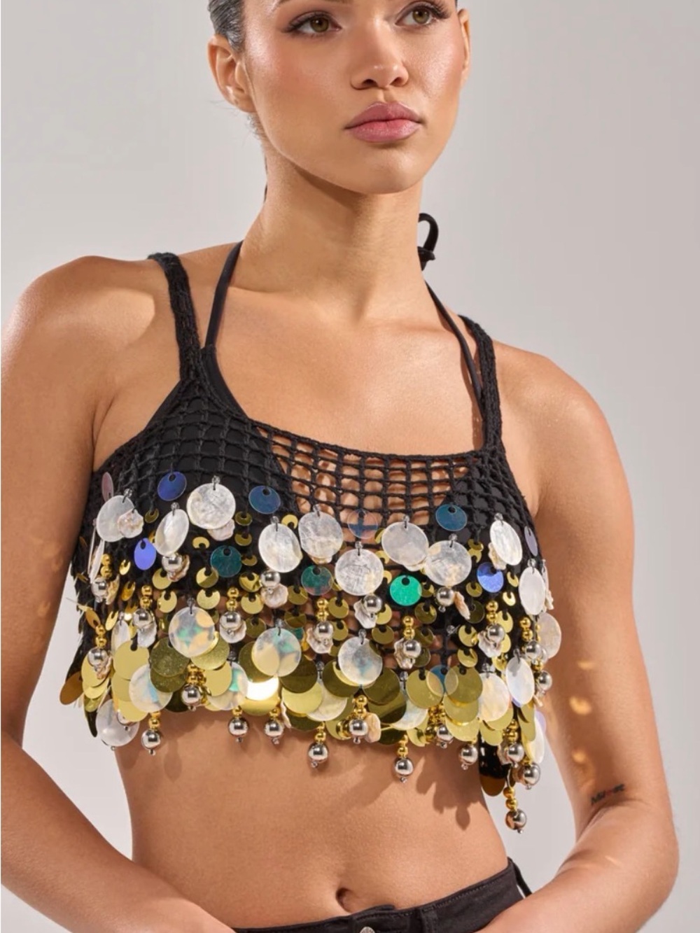 NWT AKIRA Black Mesh Crop Top with Gold & Iridescent Sequins size L/XL